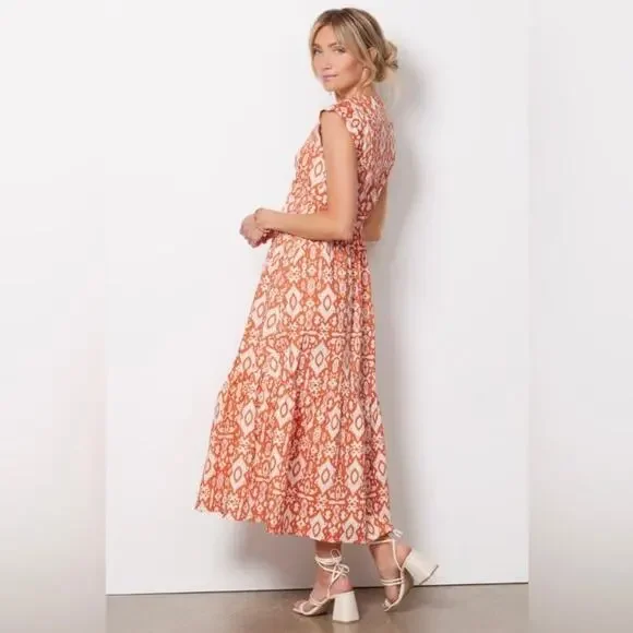 Evereve BB Dakota Emersyn Tiered Midi Dress XS Deep V-Neck Batik Cotton Spring - Picture 2 of 16